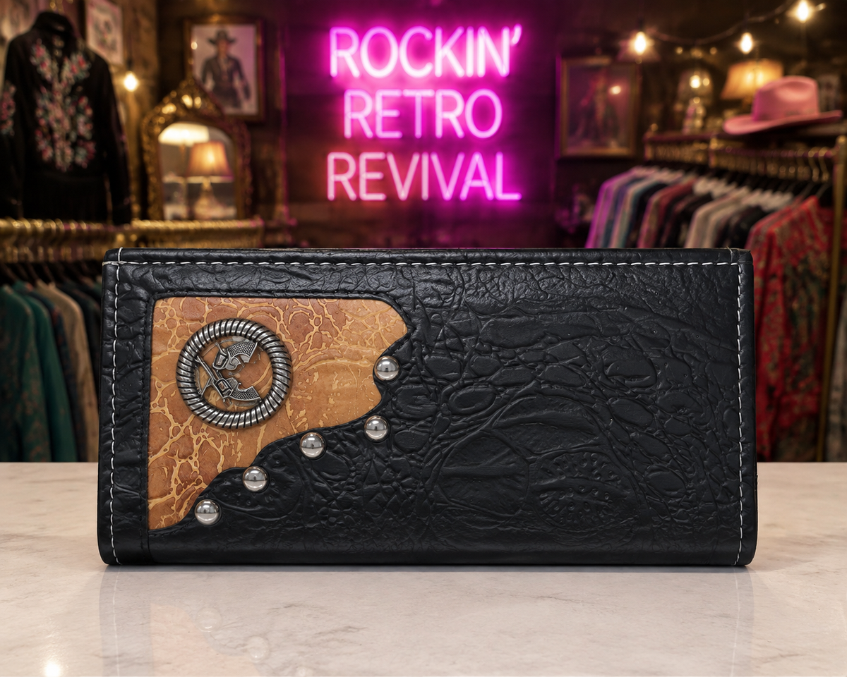 Western Black Leather Wallet with Silver Rope Medallion