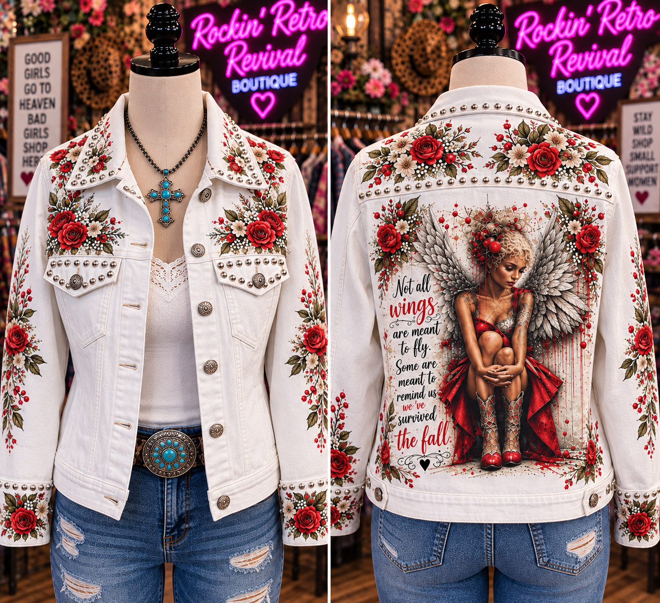 White Denim Jacket – Winged Angel 'Not All Wings Are Meant to Fly'