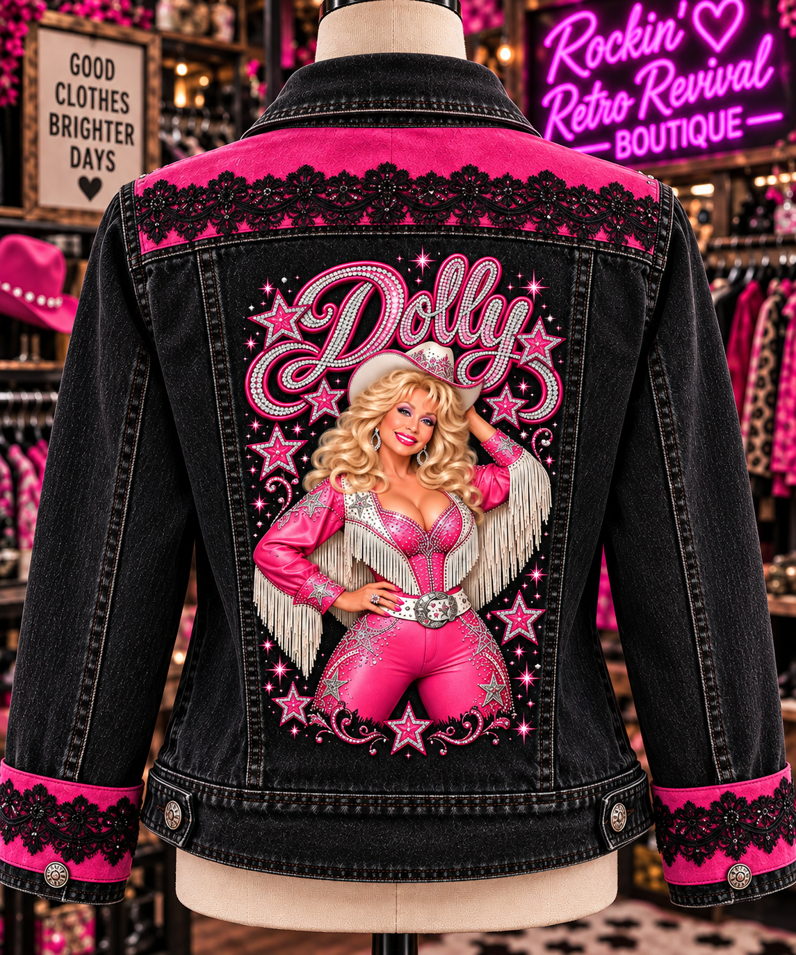 Dolly — Pink Velvet & Lace Black Denim Jacket