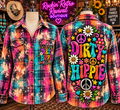 Dirty Hippie multicolor bleached plaid flannel shirt - front and back view with peace signs and daisy graphics