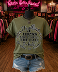 Olive green It's All a Mess graphic tee on black mannequin torso in Rockin' Retro Revival Boutique