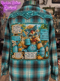 Wise Owl Graphic Turquoise & Brown Plaid Flannel Shirt