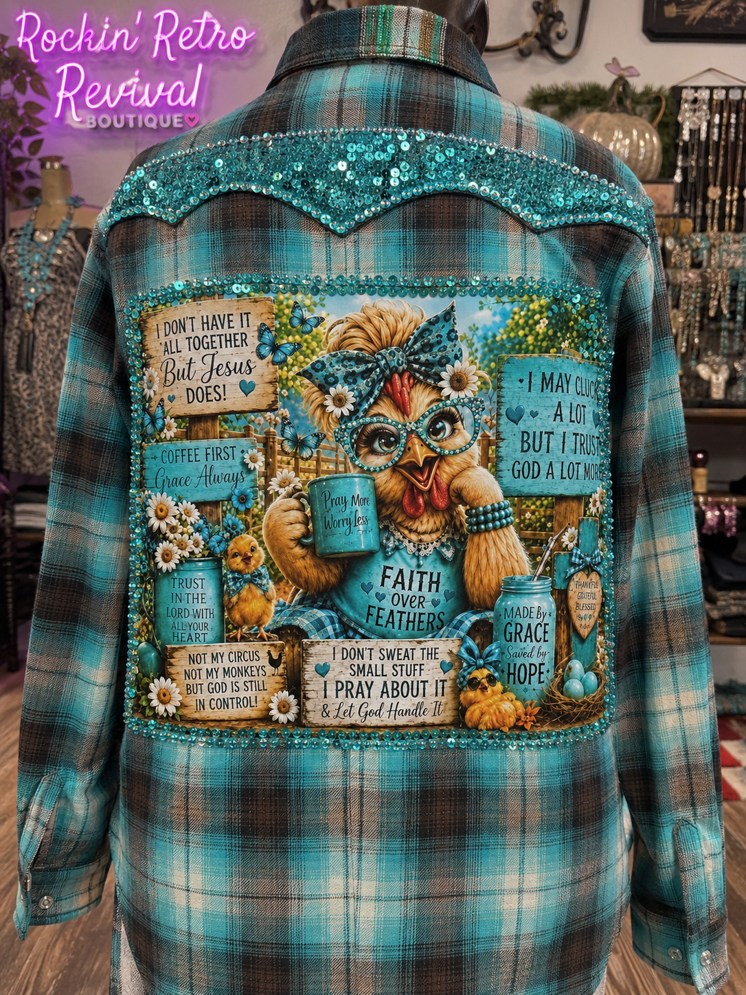 Wise Owl Graphic Turquoise & Brown Plaid Flannel Shirt