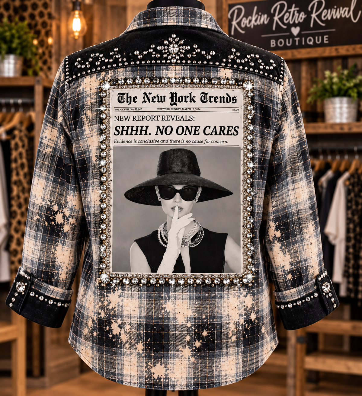 Shhh No One Cares rhinestone bleached black and cream flannel shirt - back view with rhinestone embellishments