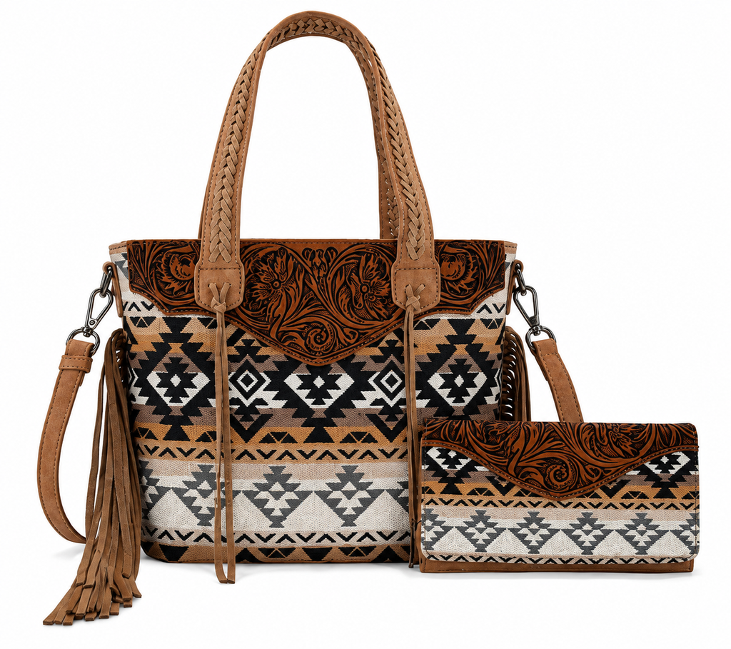 Montana West Tooled Leather Tote Bag with Matching Zip Pouch