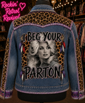 I Beg Your Parton blue denim jacket back view on mannequin with leopard print panels, purple rhinestone trim and feather accents