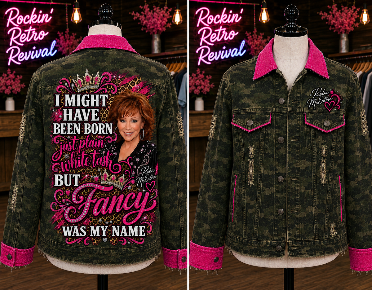 Fancy Was My Name Camo Denim Jacket – Reba McIntyre Graphic