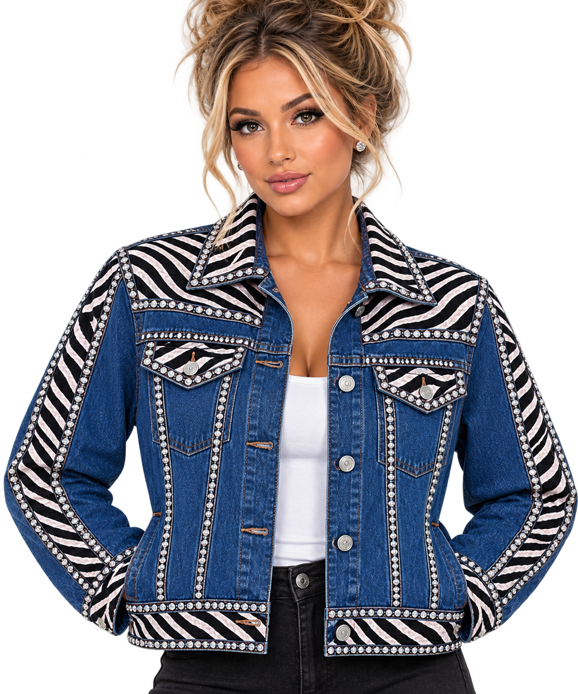 Audrey Bubblegum Rhinestone Zebra Denim Jacket