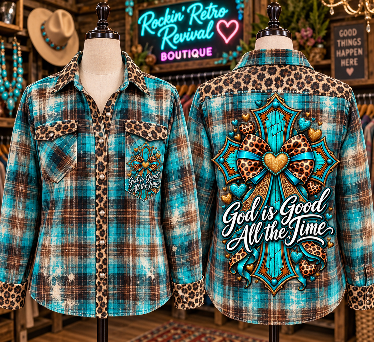 God is Good All the Time Leopard Trim Plaid Flannel Shirt