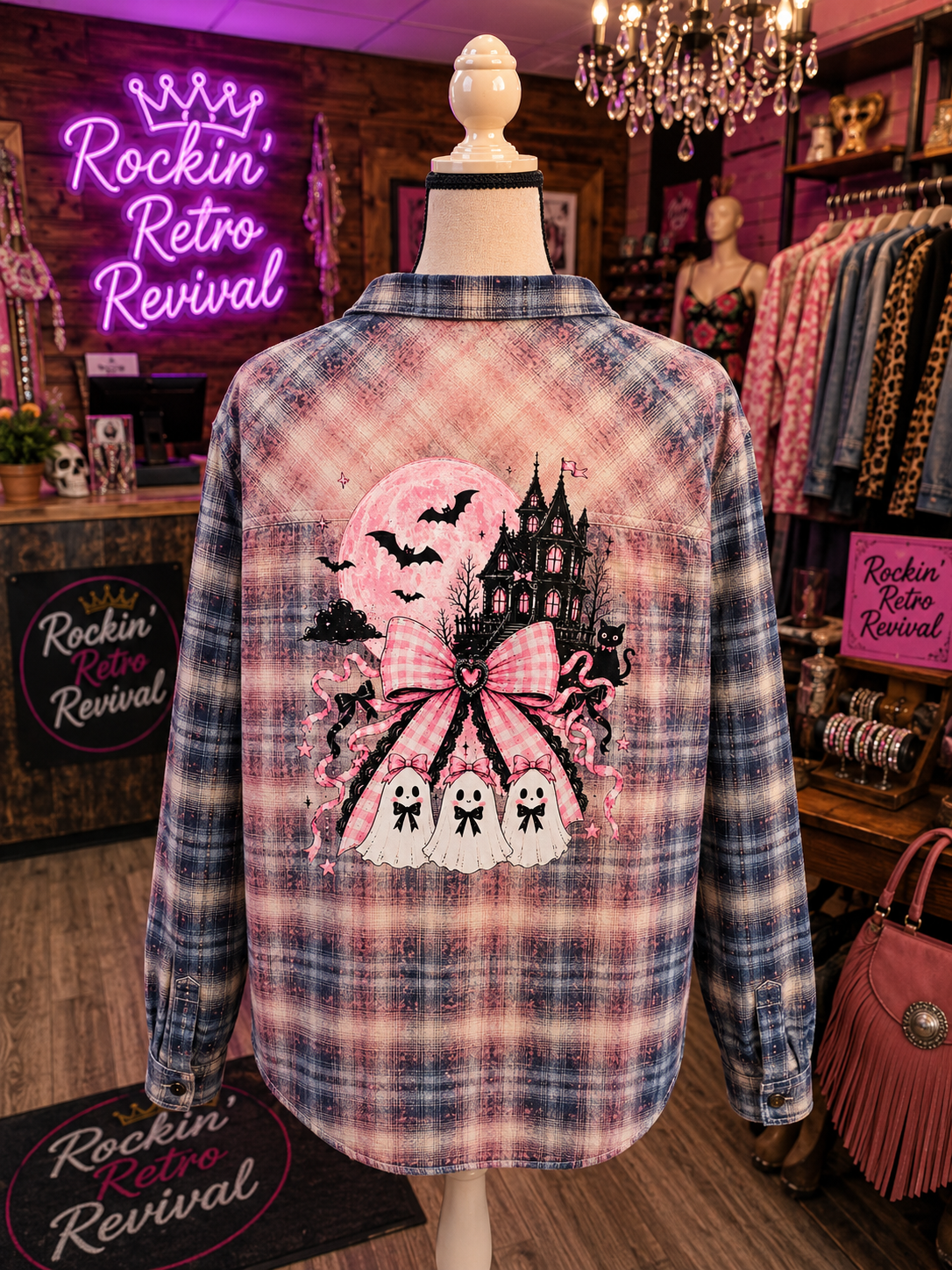 Halloween Haunted Castle Plaid Flannel Shirt