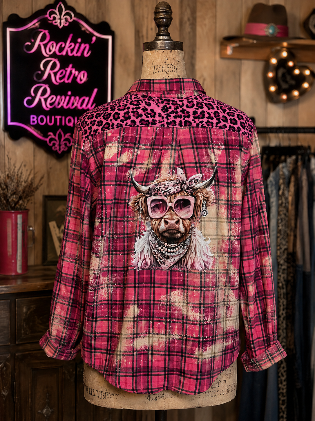 Boujee Highland Cow Pink Leopard Plaid Flannel Shirt