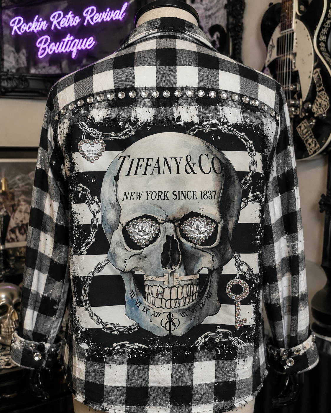 Dark Luxury Skull Buffalo Plaid Flannel Shirt